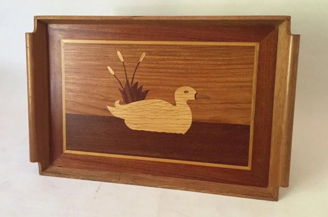 Vintage Wood Inlay Goose Waterfowl Serving Tray - 6