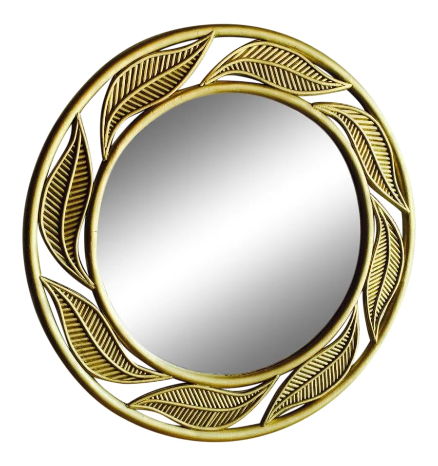 Large Brass Painted Bamboo Round Mirror Leaf Motif: Large brass painted bamboo round mirror leaf motif excellent shape of the period: mid century modern place of origin: usa date of manufacture: 1970's materials: bamboo, mirror condition:excellent wear