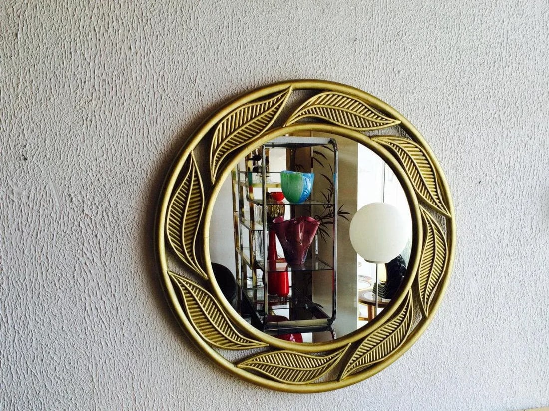 Large Brass Painted Bamboo Round Mirror Leaf Motif - 2