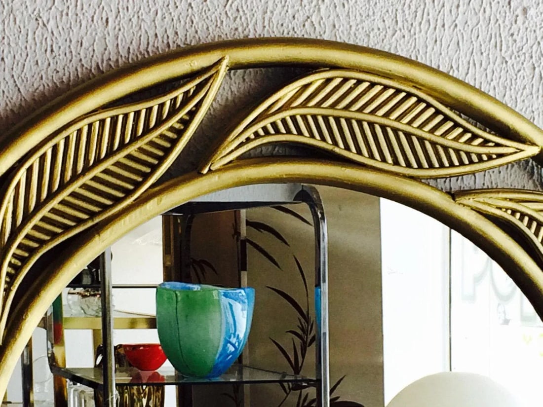 Large Brass Painted Bamboo Round Mirror Leaf Motif - 3