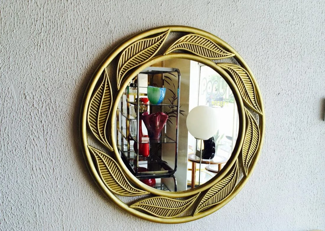 Large Brass Painted Bamboo Round Mirror Leaf Motif - 6