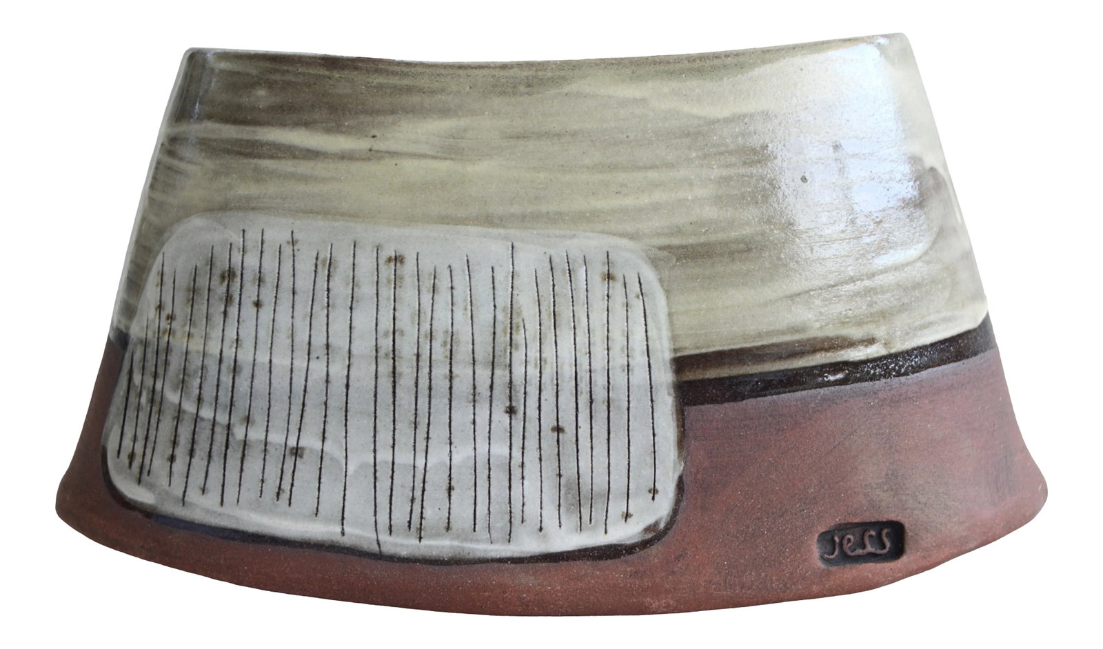 Modern Ceramic Rocking Brown and Cream Planter Vase: Terracotta rocking modern vase or planter , made in California by Jess Ceramic. Great texture and shape. Hand made. Condition: Alterations: Original Condition Unaltered Imperfections: Some