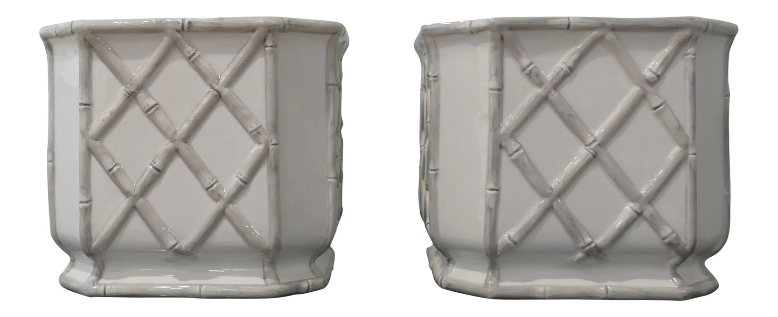 Square Bamboo Cachepots - A Pair: Two Bamboo Cream & Taupe Colored Cachepots with bamboo detail from Global Views. Condition: Imperfections: No Imperfections Condition Notes: In perfect condition. Origin: Italy Creator: Brand: Global