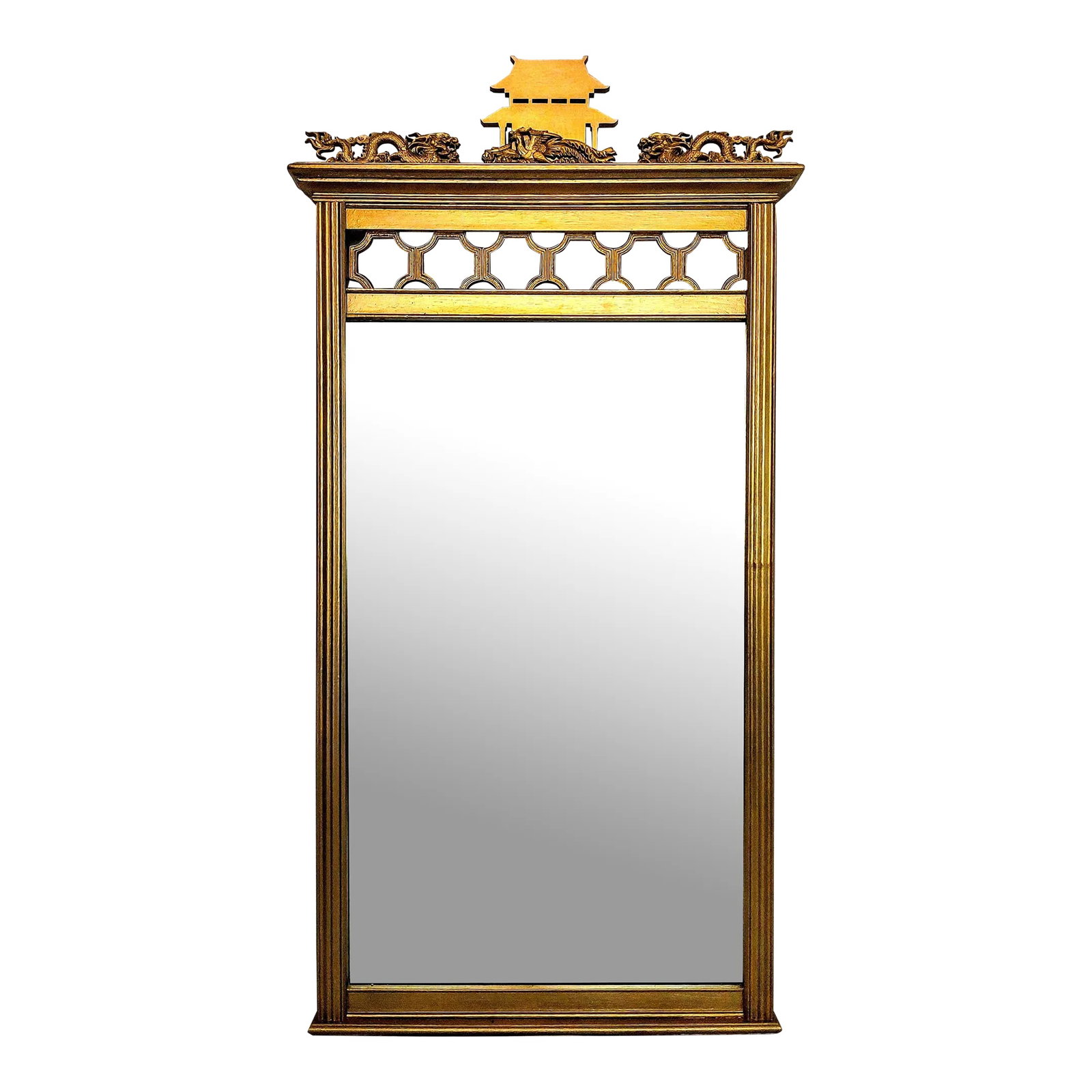 Chinoiserie Giltwood Pagoda Motif Wall Mirror: This giltwood framed mirror came from an upscale estate in southern Virginia. It was used as a fireplace mirror when we found it, but it would be equally perfect as a wall mirror in an entry hall,