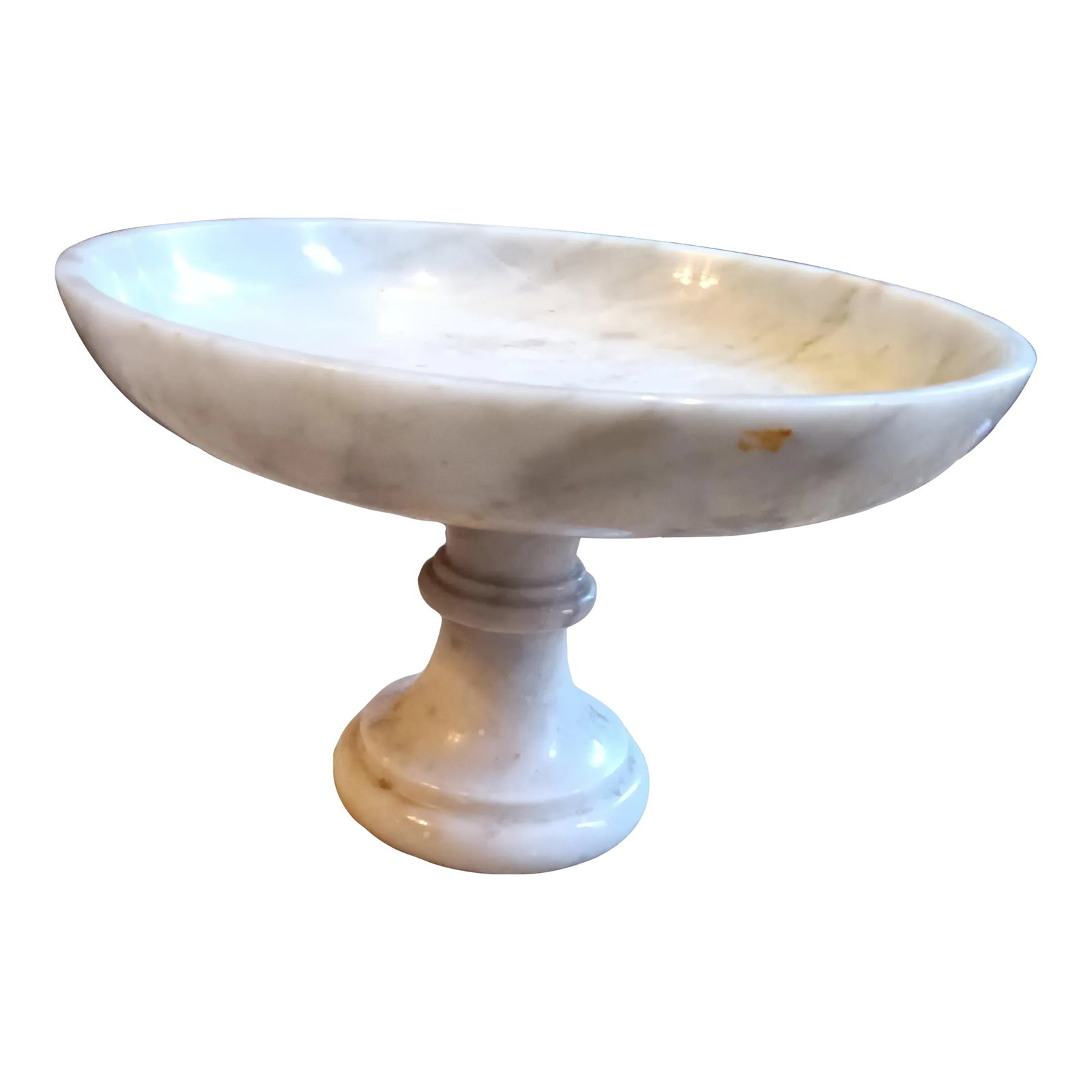 Vintage Italian Marble Compote Pedestal Bowl: Finely carved and turned Italian Carrara Marble Pedestal Compote. Unknown maker or age. I would estimate the pedestal to be at least 50 years old. It is polished, shows some wear of age, but no