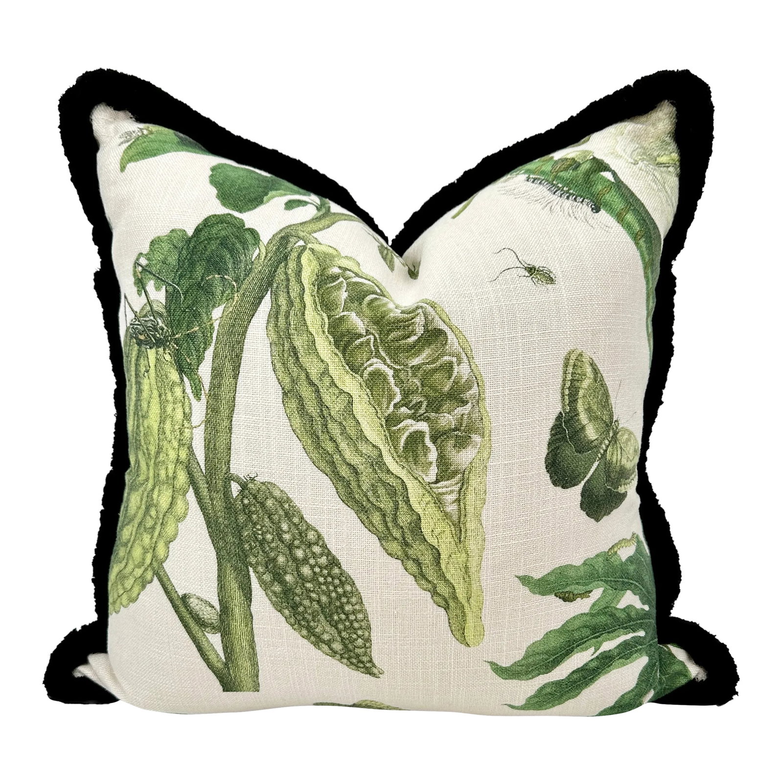 Gaston Y Daniela Linen and Green Velvet Pillow: Custom made pillow with Gaston y Daniela Linen front and green velvet back with black applied window frame tape. Black fringe. Down inserts. Hidden zipper closure. 20" X 20". A lovely accent pillow.