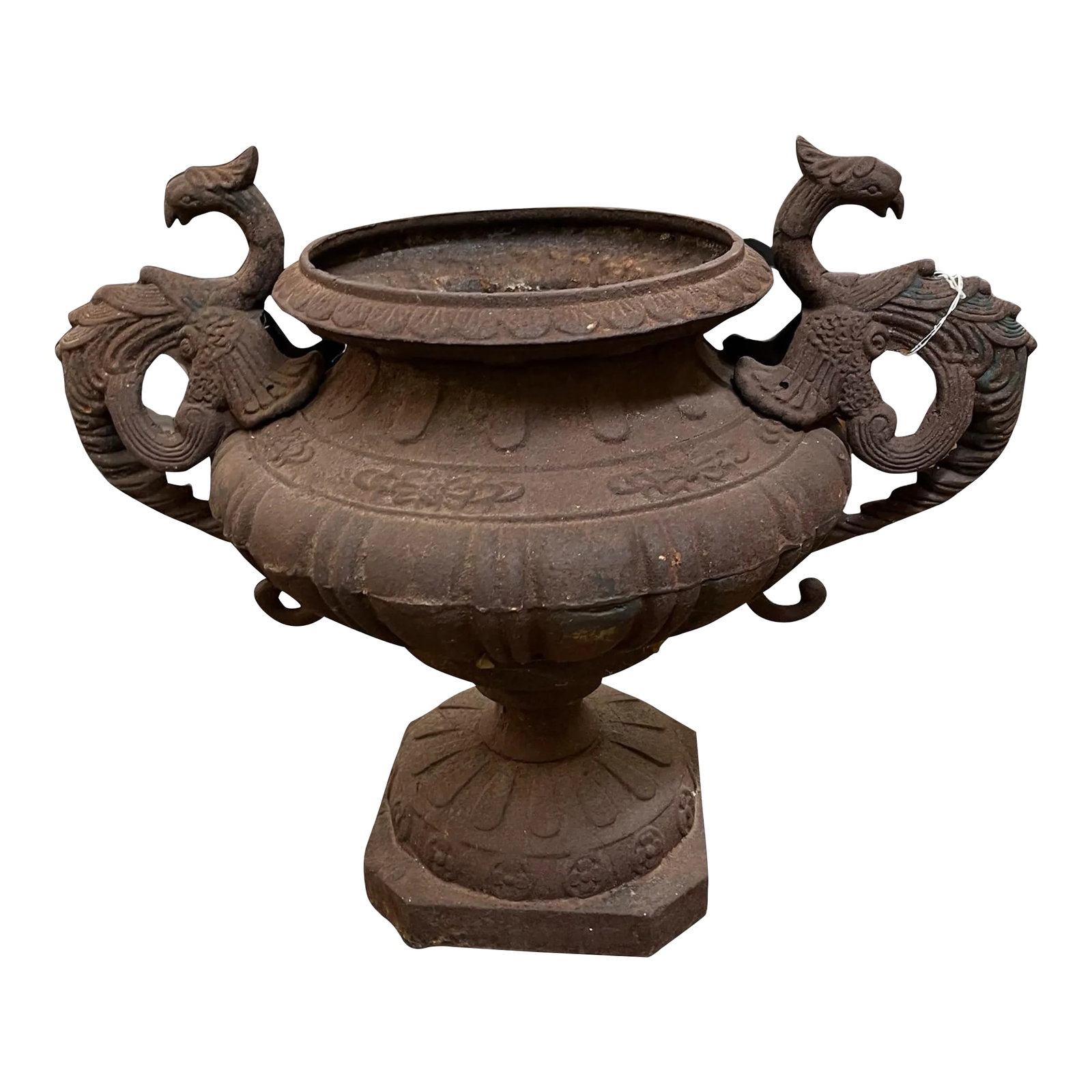 Early 20th Century Cast Iron Urn With Dragon Handles: Cast Iron Urn with dragons on each side. Very rusty and cool patina. 9.5 " opening. Base is 9"x9" Condition: Alterations: Original Condition Unaltered Imperfections: Some Imperfections Condition Notes
