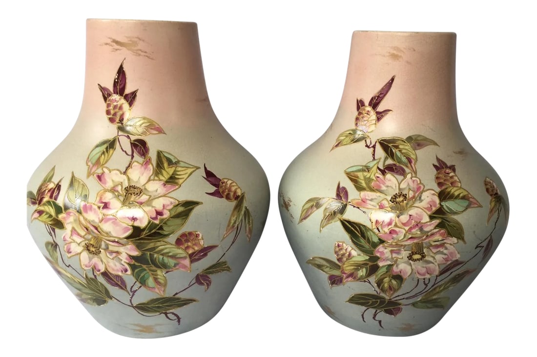 Thomas Forester Art Phoenix Vases - a Pair: For sale is a pair of Phoenix Art Faience vases by Thomas Forester in the Veloutino style. The pear shaped vases have a background of soft pink that gradates to pale blue green at the bottom. The