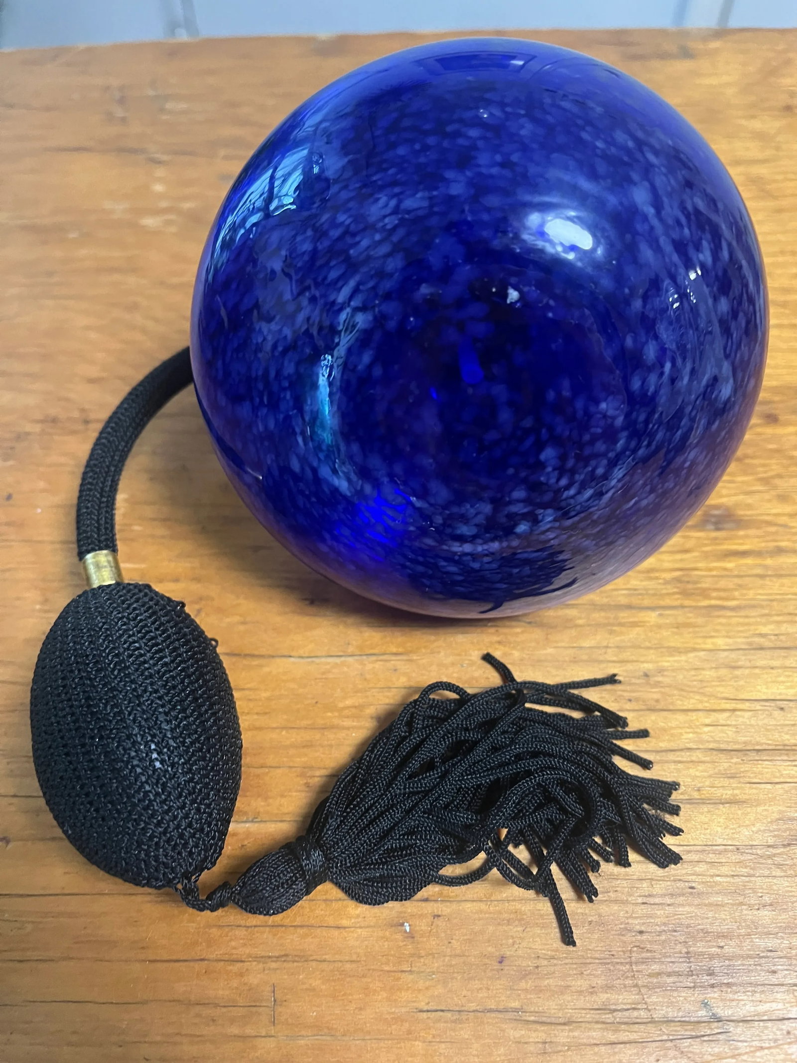 Vintage Cobalt Blue Art Glass Perfume Bottle With Gold Accents & Black Atomizer - 4