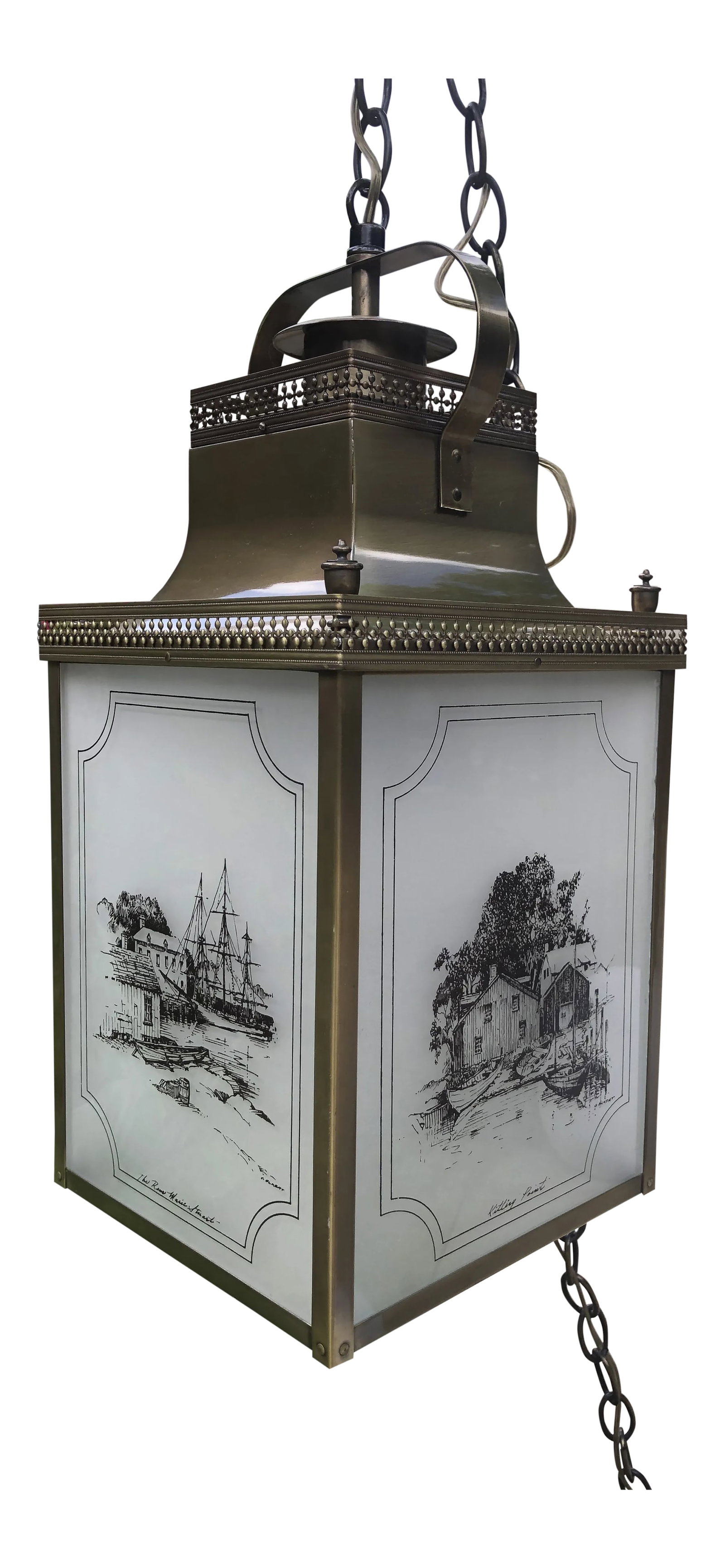 Brass & Glass Nautical Swag/Pendant Light: Beautiful solid brass traditional mid-century lantern style swag or pendant light. The burnished brass casing is beautifullys illuminated when lit by the four glass panels with detailed nautical