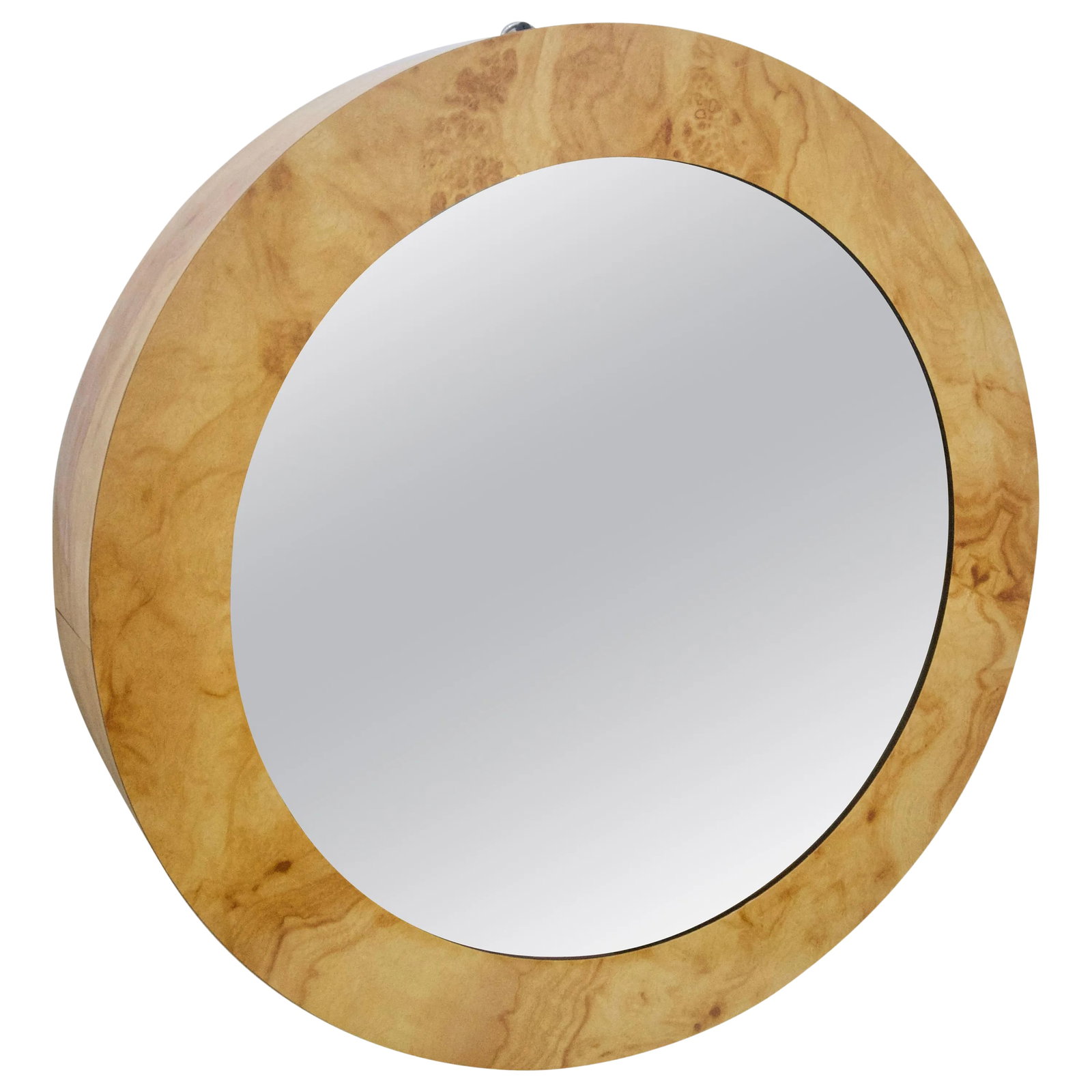 Mid-Century Infinity Light: This stylish and hip infinity light mirror made by Tunnel Lights was acquired from an estate in South Beach, Florida and dates to the 1970s. The frame is a burl pattern laminate and the mirror a