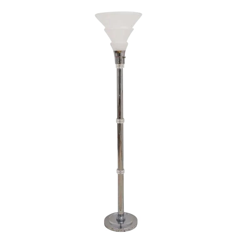 Floor Lamp Art Deco Revival: This polished chrome and frosted glass Art Deco style floor lamp embodies the style and movement of the period through the eyes of the 1980s' Art Deco Revival.. The top does not require a shade as