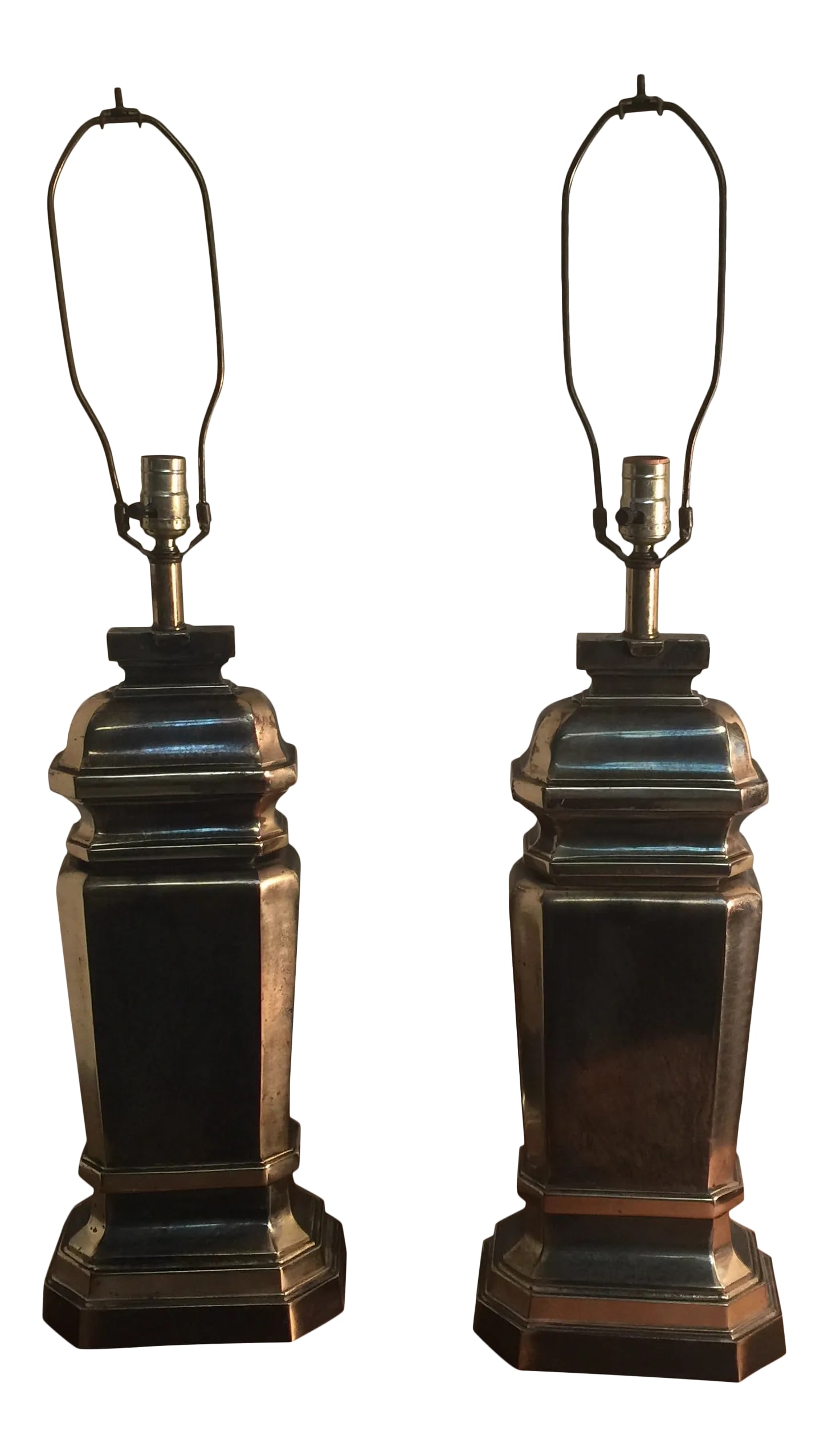 Stiffel Slender Rectangular Heavy Brass Lamps - a Pair, Unmarked: Unusual heavy cast brass table lamp-pair. The tall slender design allows for these large lamps to fit in smaller areas than the common circular base. 1970's traditional design allows for use in