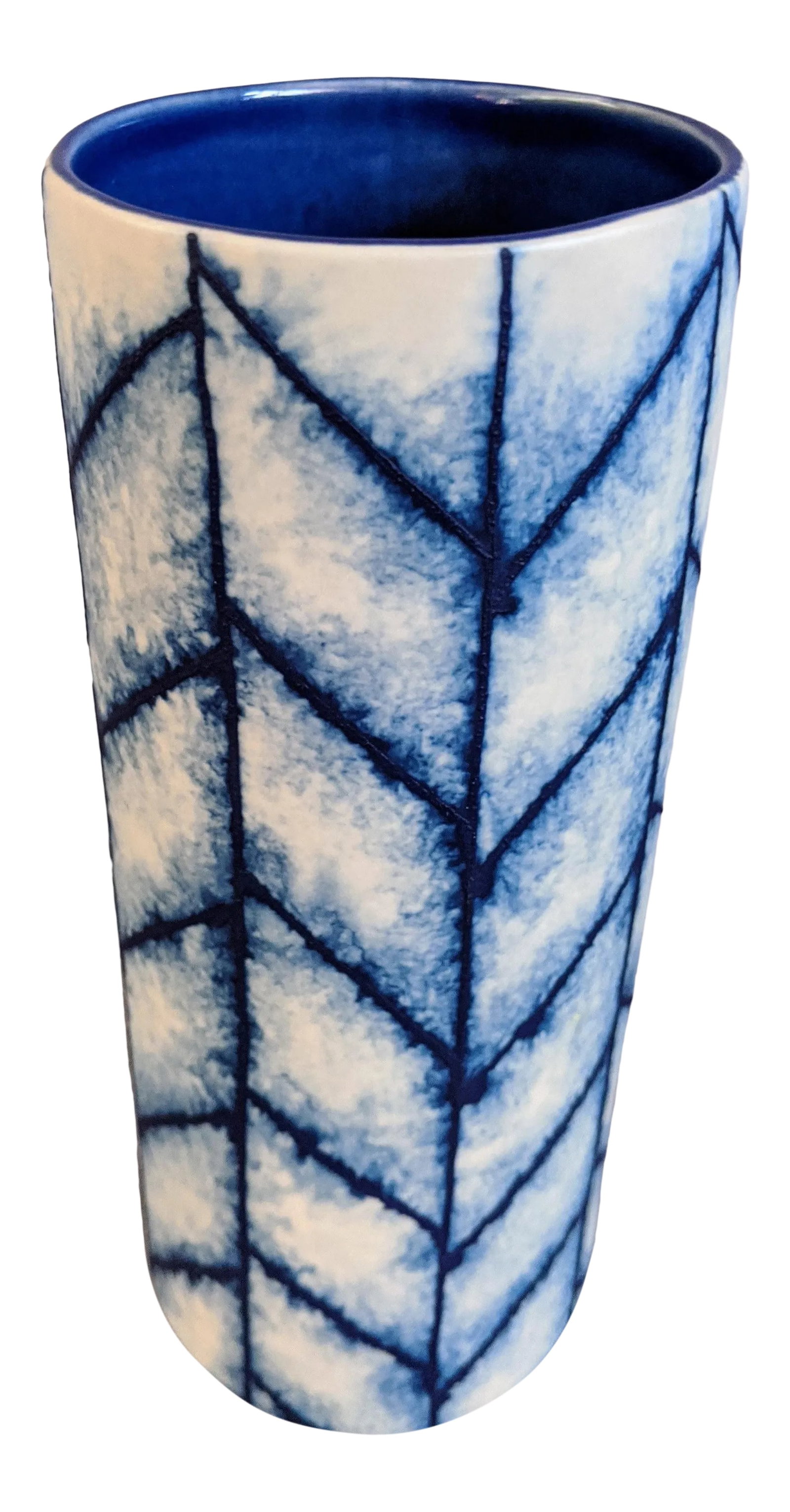 Boho, Coastal, and Chinoiserie Style Blue and White Chevron Hand Painted and Handmade Floral Ceramic: This unique vase is handmade and hand painted by true artisans in Thailand. The exterior has a blue and white chevron motif with a coordinating navy blue colored interior an unexpected added element