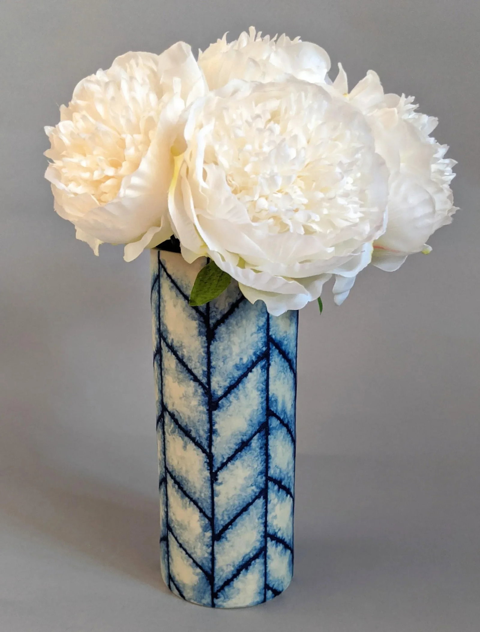Boho, Coastal, and Chinoiserie Style Blue and White Chevron Hand Painted and Handmade Floral Ceramic - 5