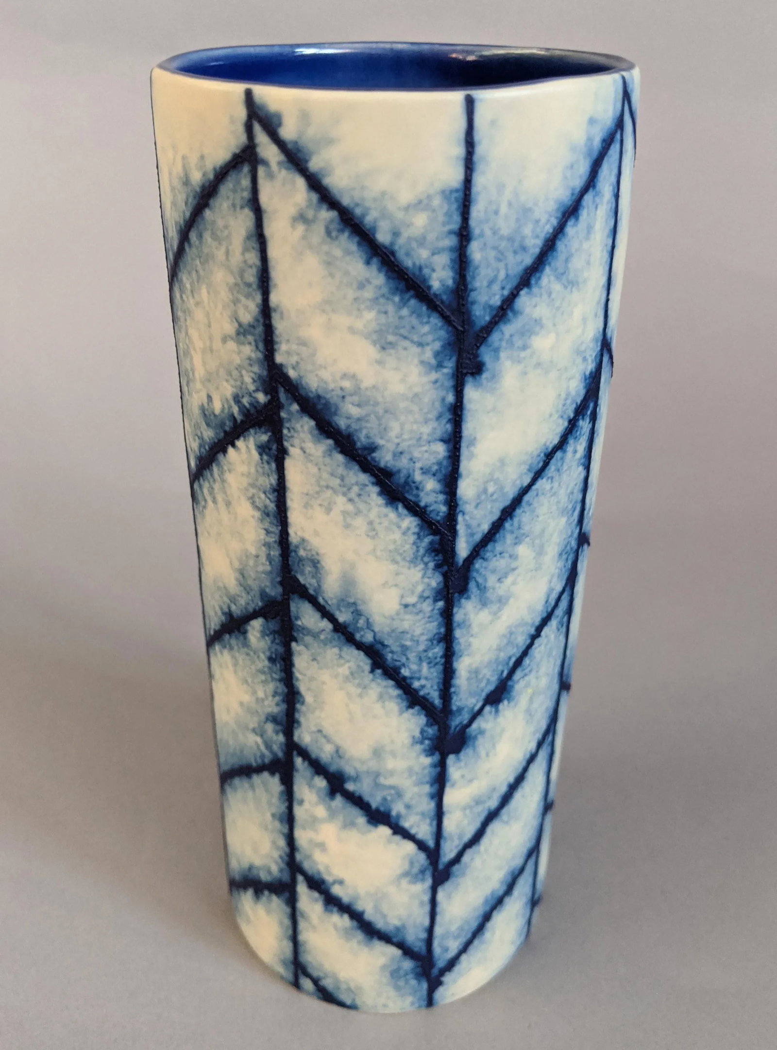 Boho, Coastal, and Chinoiserie Style Blue and White Chevron Hand Painted and Handmade Floral Ceramic - 8