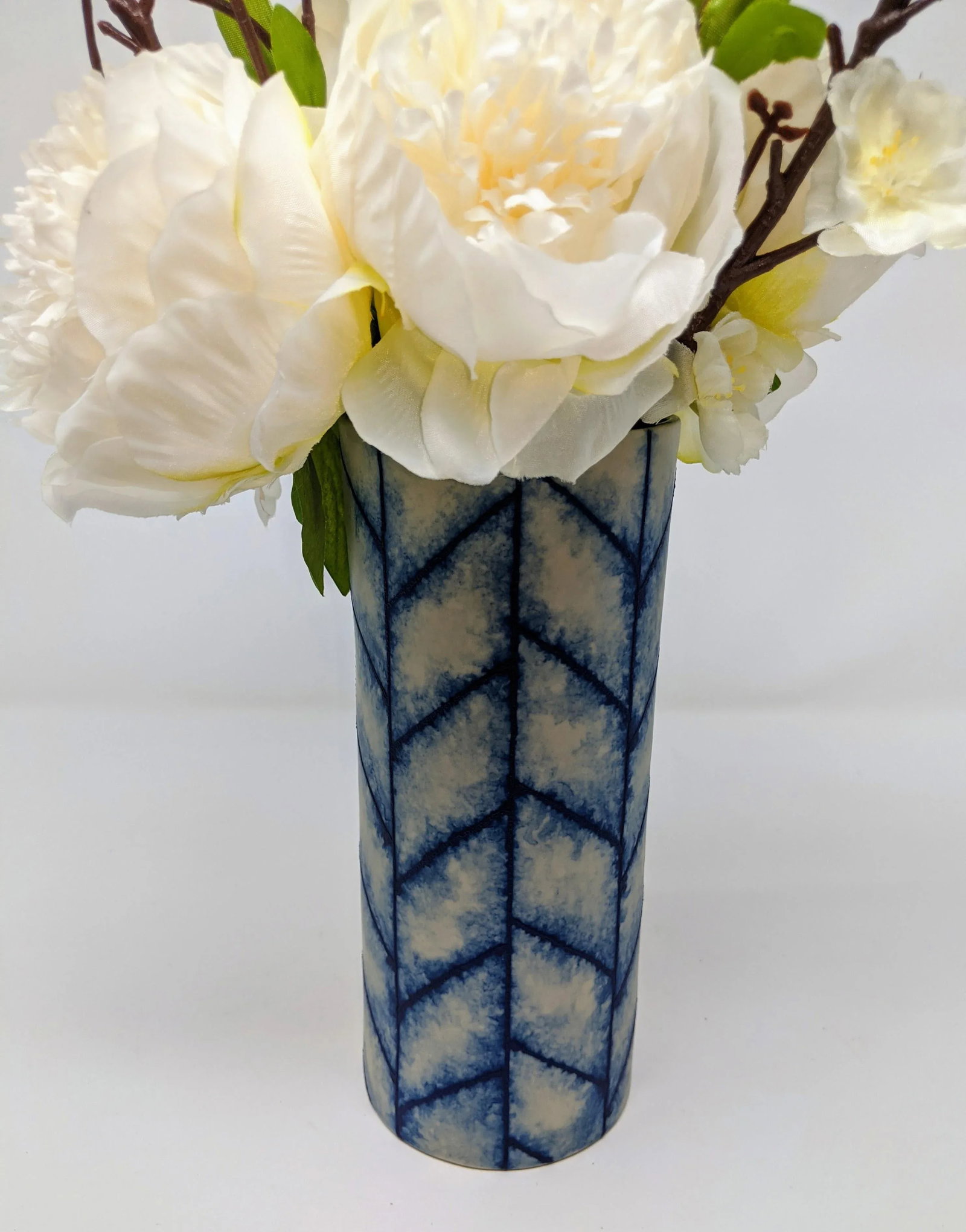 Boho, Coastal, and Chinoiserie Style Blue and White Chevron Hand Painted and Handmade Floral Ceramic - 9