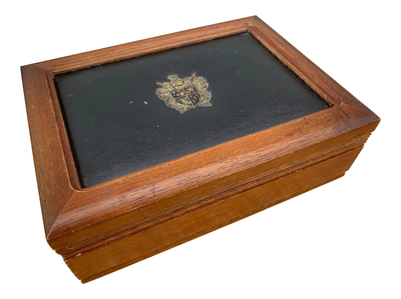 Midcentury Modern Wood and Leather Crest Jewelry Box: Wonderful vintage Japanese wooden jewelry or men's accessory box made by Apex. Lined with rich silk velveteen in cognac. Original tags still attached to the bottom. The top has a padded leather inset 