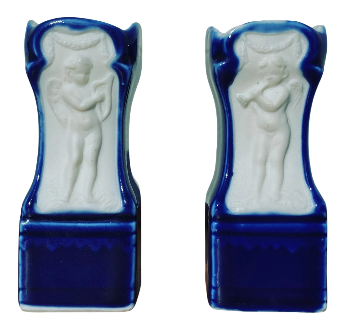 Neoclassical Petite Cobalt Glaze and Bisque Cherub Vases- a Pair (1 of 11)