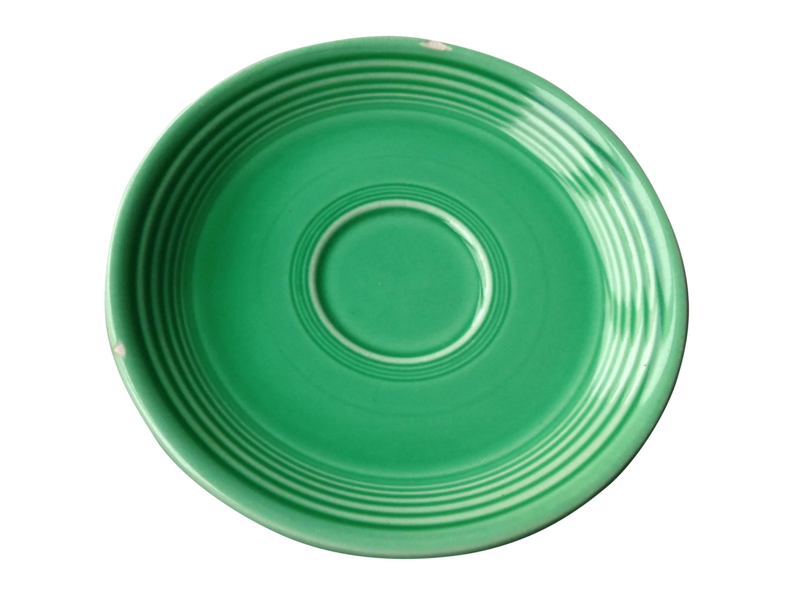Vintage Original Green Fiesta Saucer: Vintage original green Fiestaware saucer cup plate Homer Laughlin 6" Used/Pre-Owned: Item has two small chips on the top of the saucer. You can clearly see the three cast marks on the bottom. In the