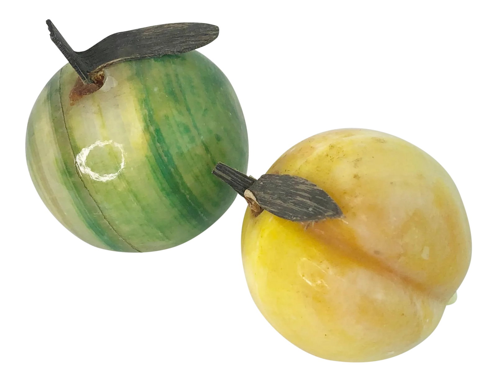Vintage Variegated Alabaster Apple and Peach - Set of 2: With wonderful striations within the alabaster, these minimalist mid century apple and peach are a welcome delight to your retro decor. Attached stems on both. Glossy finish. Each measures