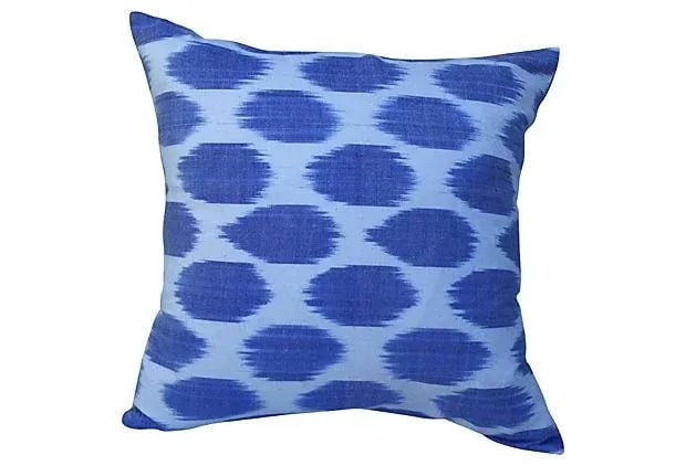 Silk Indigo Dot Pillow: Custom pillow made from vintage, silk Ikat textile purchased at The Grand Bazaar in Istanbul. Linen back, hidden zipper closure. Some age wear. Condition: Condition Notes: Excellent - Minor wear consi