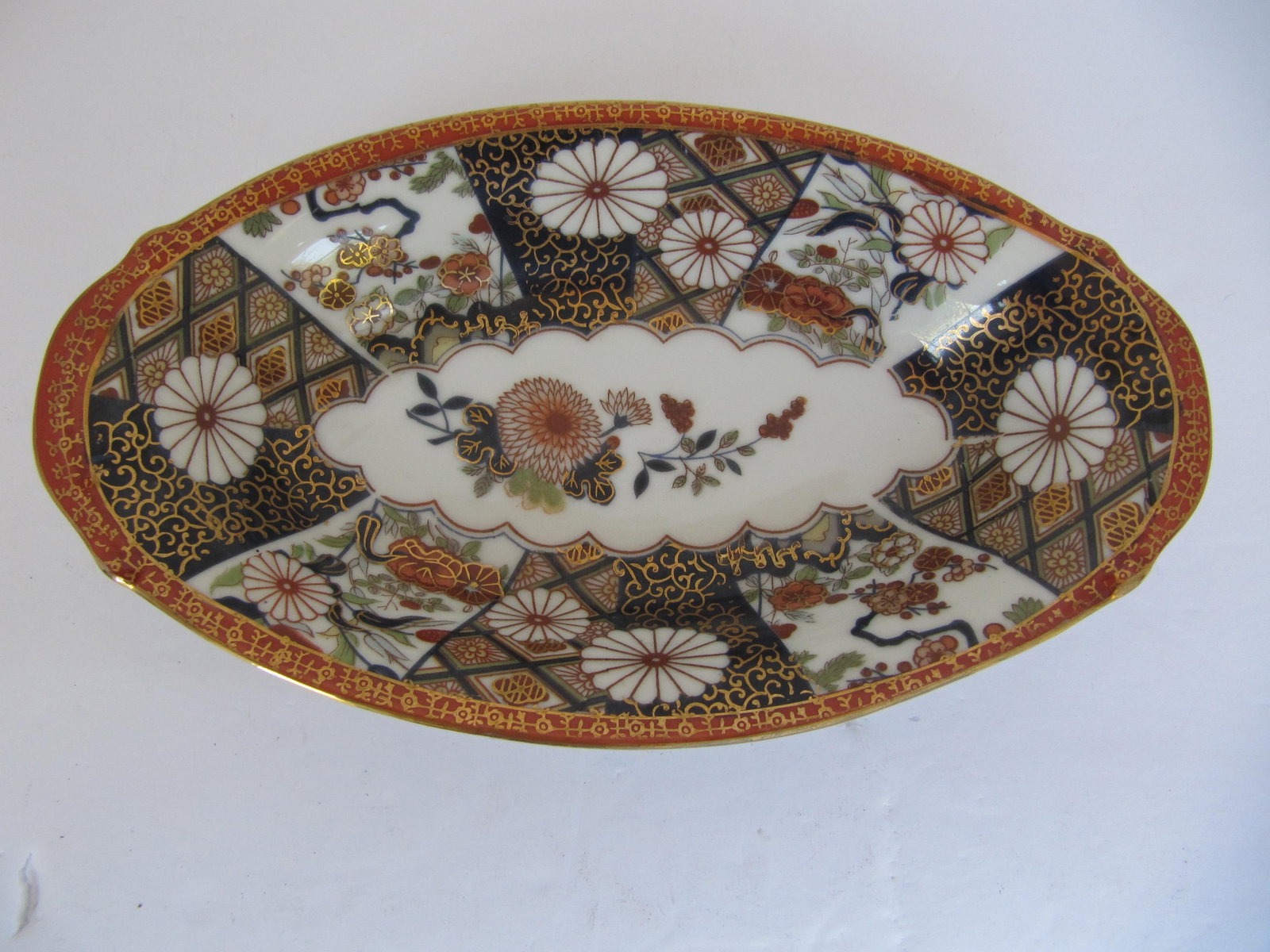 Oval Chinoiserie Blue & Orange Serving Bowl - 4
