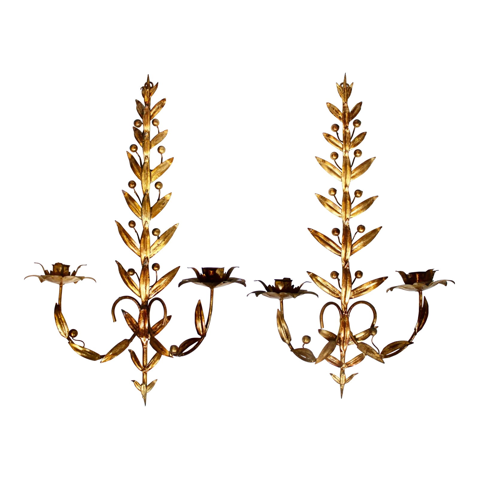 Mid 20th Century Italian Golden Gilt Tole Wall Sconces: A stunning pair of golden gilt Italian tole wall sconces, circa mid-20th century. This is an ornate pair with a unique design. These authentic Italian gold gilded tole wall sconces are lovely and