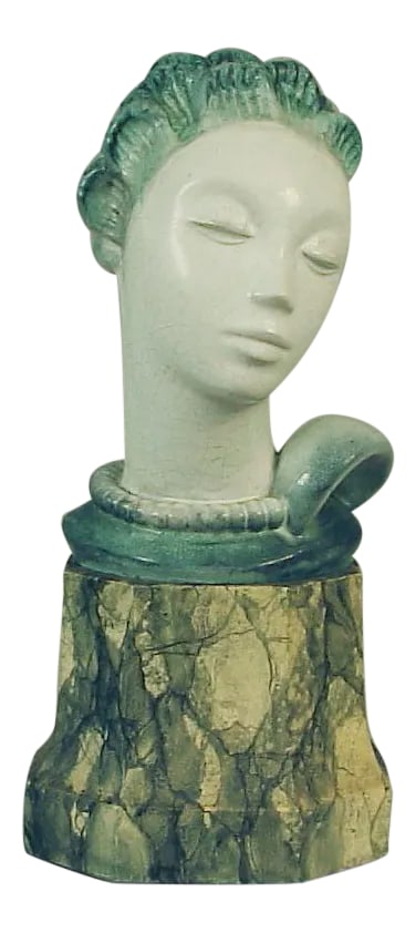 Art Deco Danish Porcelain Bust of a Woman: Offering what I have to call an "important" Danish porcelain bust, in terms of its size and captivating beauty. Perched on a marbleized faux-finished wooden plinth, this lady fairly exudes the stylize