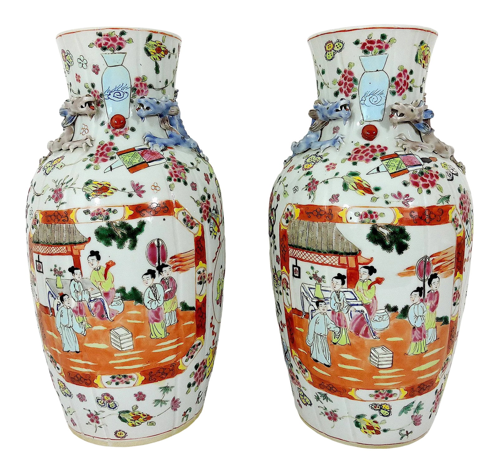 Rare Antique "Linen Fold" Famille Rose Vases, Signed White Porcelain Chinese With Chimera, Republic: A very rare pair of antique Famille Rose 'linen fold' Chinese porcelain vases originally purchased in Paris in the 50's. The bodies are made of individual lengthy pieces of porcelain - a skilled task