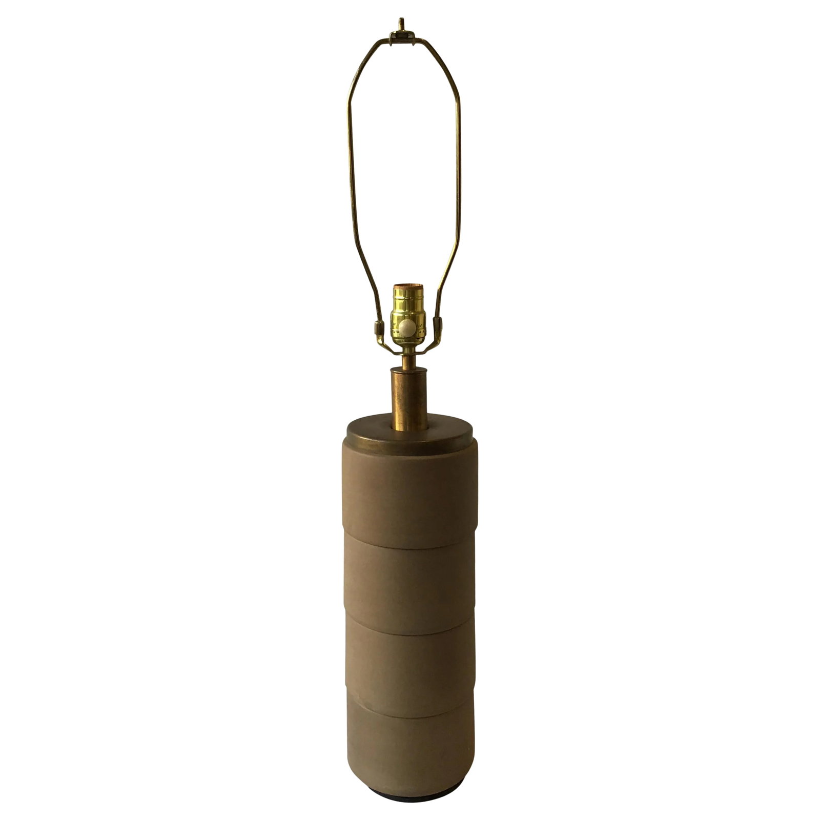 1950s Cylindrical Ceramic Lamp: 1950s cylindrical ceramic and brass lamp. Needs rewiring. Quite heavy. Condition: Alterations: Original Condition Unaltered Imperfections: Some Imperfections Condition Notes: Good Height is to top of