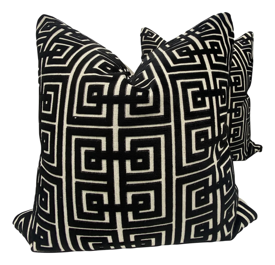 Black and Flax Greek Key Pillows- a Pair: Pair of handcrafted pillows fashioned with cut velvet Greek Key on flax colored background fabric on the front and backed in a flax colored linen. Meticulously crafted with serged interior seams,