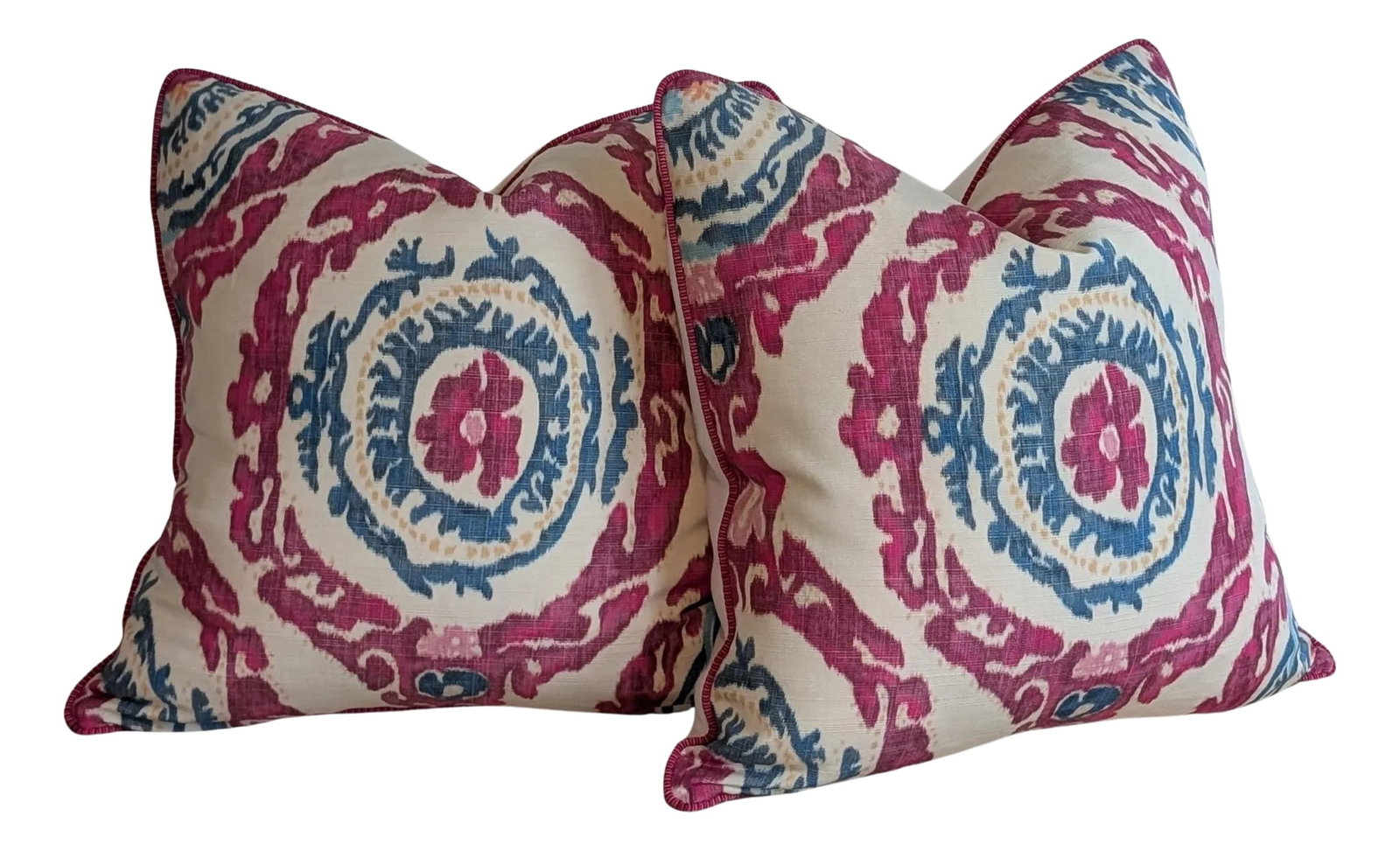 Brunschwig & Fils Kaitag Pink Warp Print Pillows - Set of 2: Looking for a different size, trim, or set quantity? For more information on customization capabilities, please reach out to custom@chairish.com. Brunschwig & Fils Kaitag Warp Print in Jewel -