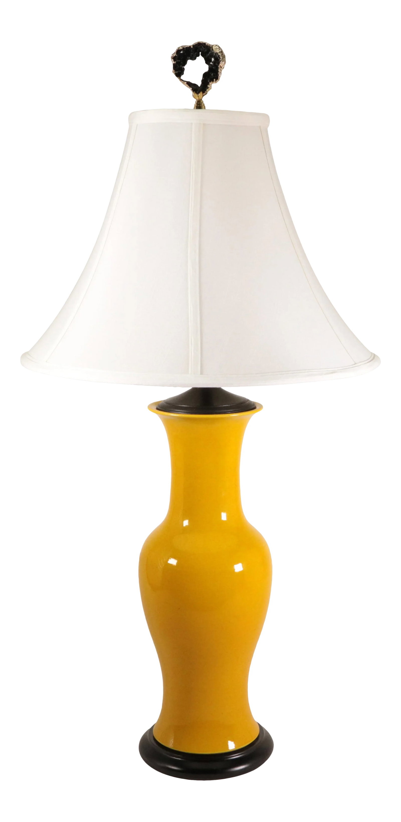 Japanese Yellow Glazed Pottery Table Lamp: This vintage table lamp was made from a mid-century Japanese baluster vase and measures 33" to the top of its finial and 6 1/2" wide. Newly rewired with a three-way socket that will accommodate a