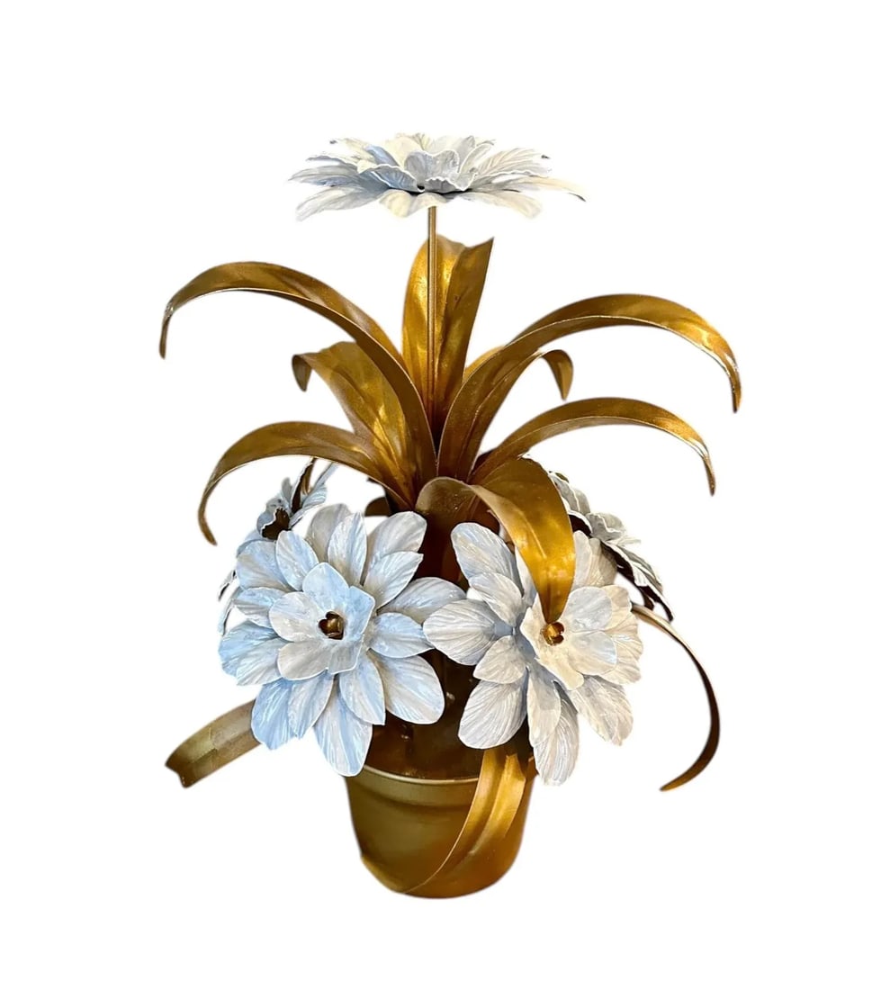 Vintage Italian Gilt Tole White Flowers / Floral Arrangement Sculpture in the Manner of Hans Kogl - 2