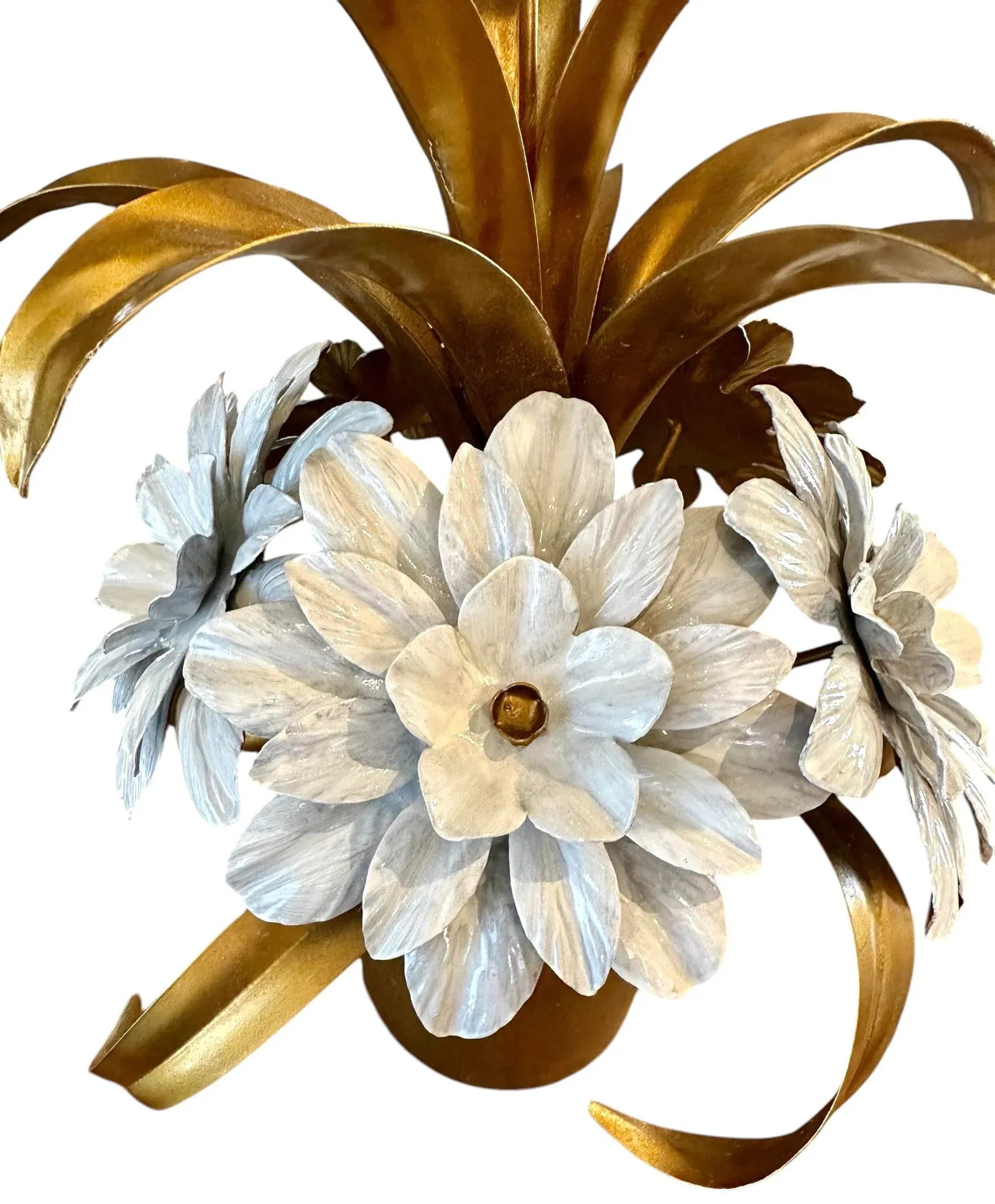 Vintage Italian Gilt Tole White Flowers / Floral Arrangement Sculpture in the Manner of Hans Kogl - 3