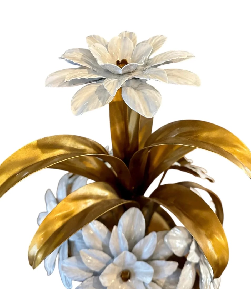 Vintage Italian Gilt Tole White Flowers / Floral Arrangement Sculpture in the Manner of Hans Kogl - 4