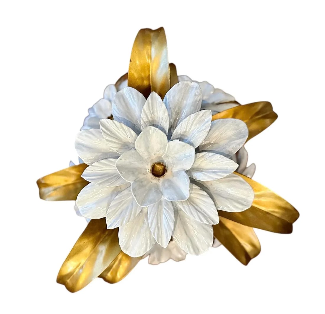 Vintage Italian Gilt Tole White Flowers / Floral Arrangement Sculpture in the Manner of Hans Kogl - 5