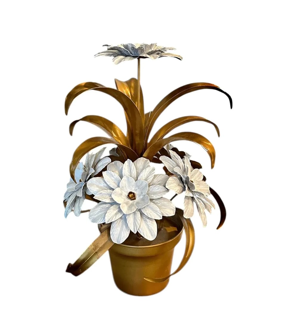 Vintage Italian Gilt Tole White Flowers / Floral Arrangement Sculpture in the Manner of Hans Kogl - 7