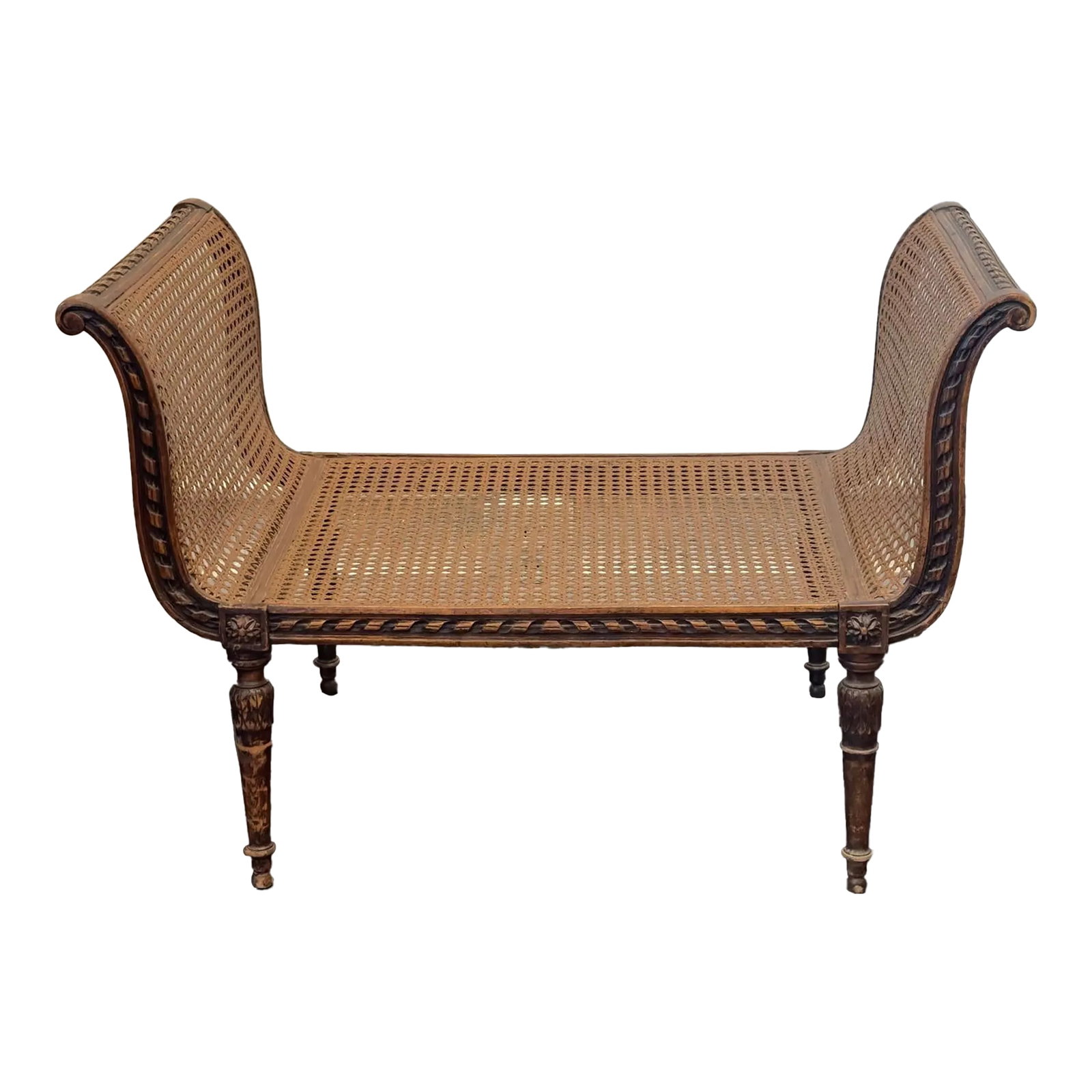 1930s Louis XVI Style French Dog Bed With Rattan: charming French c 1930 Louis XVI Style dog bed, with original rattan woven base and sides, lovely carving and beautiful patina. Comes with Blue and white stripe ticking cushion with down fill, removab