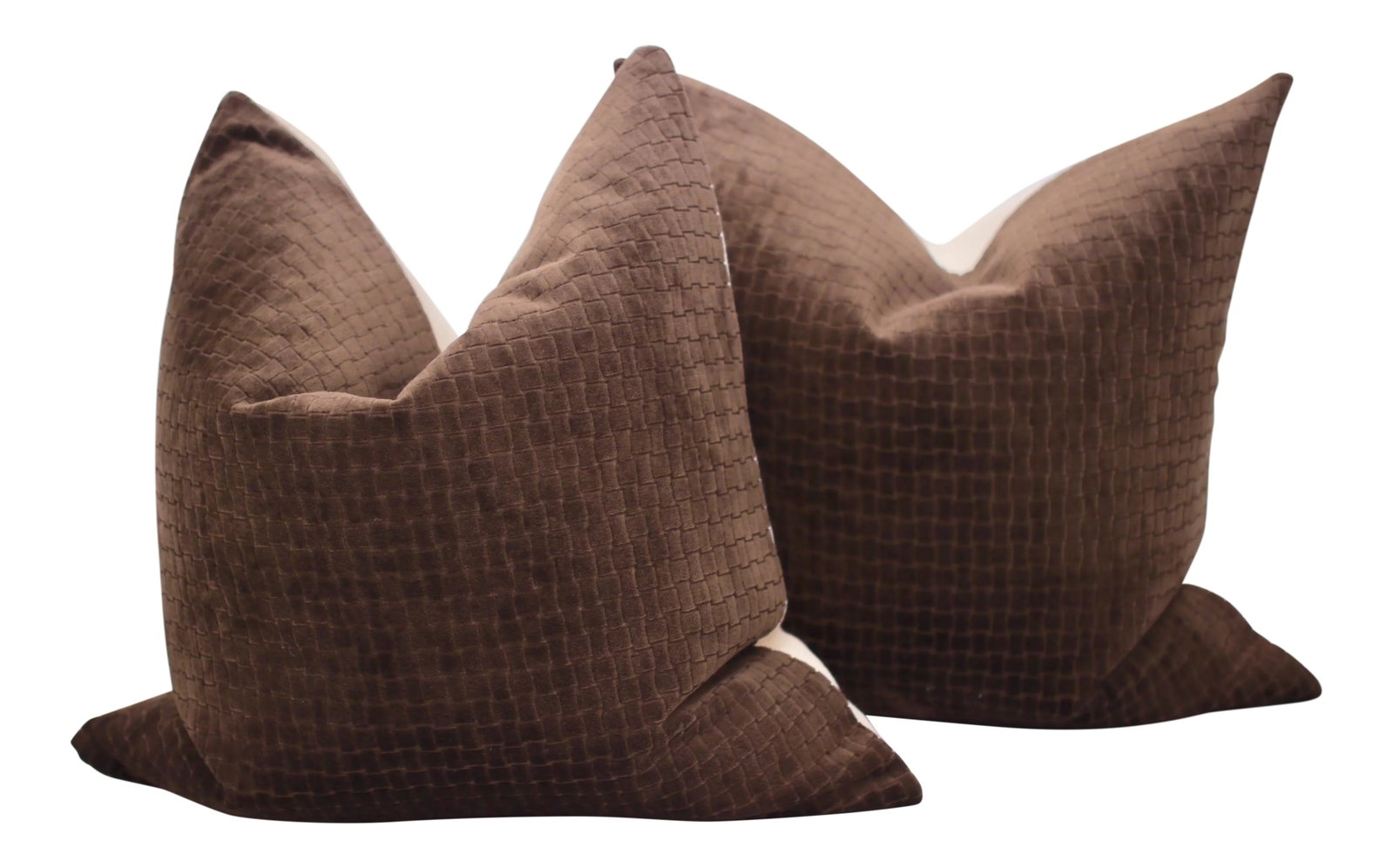 Roger Arlington 18" Square Velvet Pillows - a Pair: Beautifully handmade pair of Roger Arlington 18" knife edge velvet pillows, backed in a gorgeous upholstery weight fabric from Larsen. Features a down/feather insert and an invisible zipper closure. C