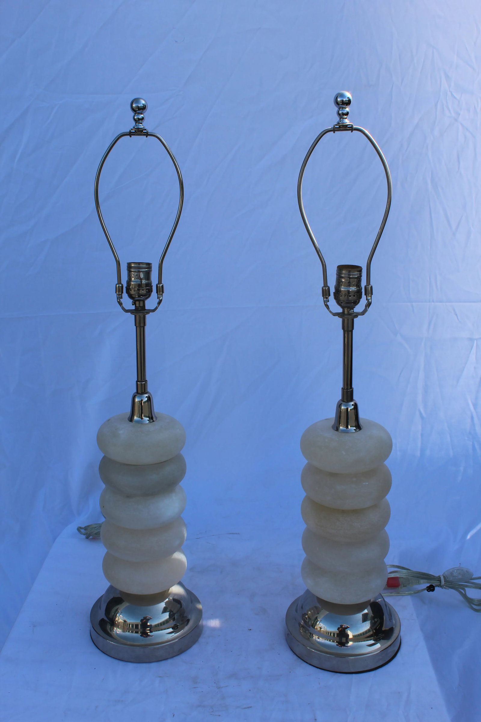 Deco Alabaster Polished Nickel Lamps - a Pair - 10