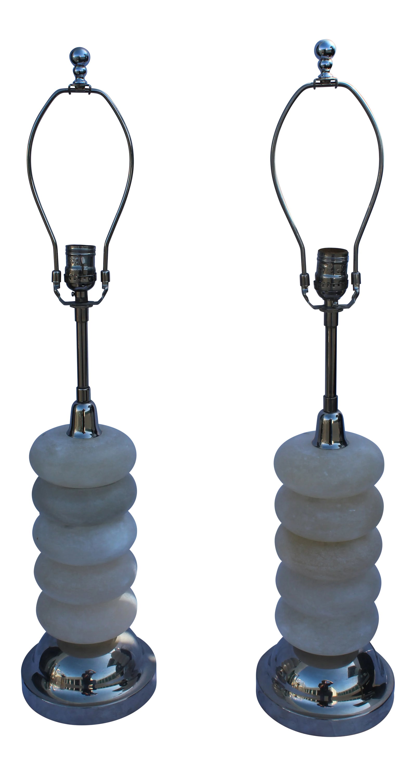 Deco Alabaster Polished Nickel Lamps - a Pair: Modern designed Alabaster Table lamps. Solid Alabaster spheres mounted on metal base with hi-polished Nickel finish. Has a single Edison socket with harp and metal hardware. Made custom for a