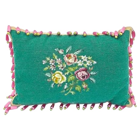 Vintage English Roses Green Needlepoint Pillow: Vintage English green needlepoint long pillow with roses and silk tubular abstract floral tassels. Rich brown velvet back. Down fill with no zipper closure. Materials: wool/ cotton/down. No maker's