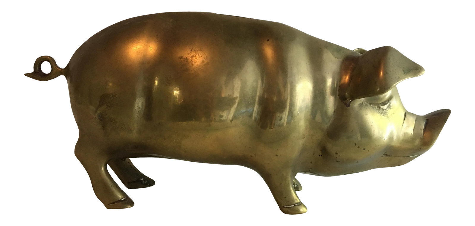 1960s Brass Pig Coin Bank: Detailed and heavy brass piggy bank. Missing cork stopper. Condition: Alterations: Original Condition Unaltered Imperfections: Some Imperfections Condition Notes: Some patina to brass. Needs cork or