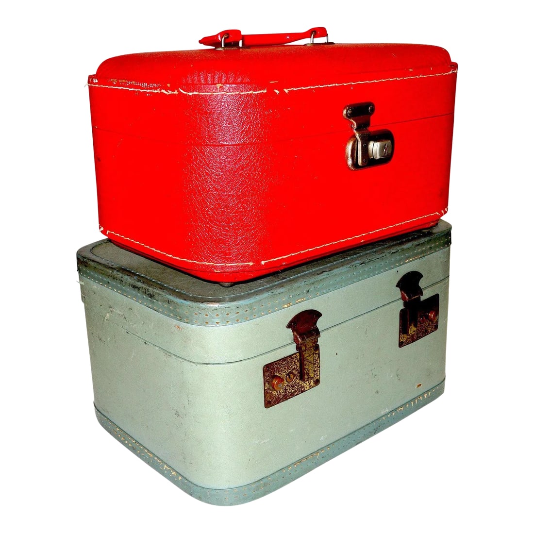 Mid-20th C. Antique Luggage - A Pair: Offered for your consideration is this vibrant set of mid-20th century personal travel cases done in 1940s-1950s mint green and glossy fire engine red. Vellum, fabric, wood, metal, art board and bakel