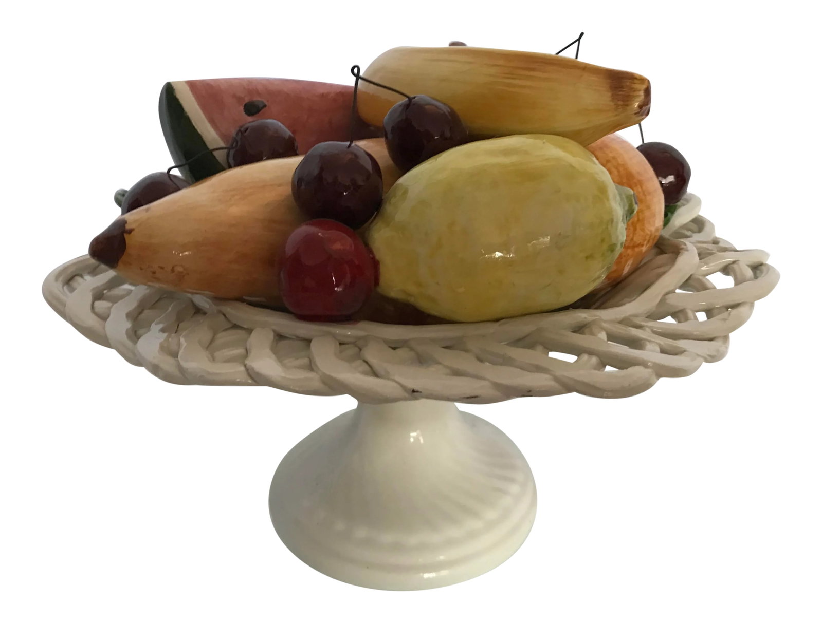 Italian Handpainted 1950's Bassano Capodimonte Fruit Centerpiece Ceramic Lattice Handpainted: Bassano Ceramics is a centuries-old family-owned ceramic art form and business that started in northern Italy in the late 17th century and continues to this day. The Bassano family is one of Italy's