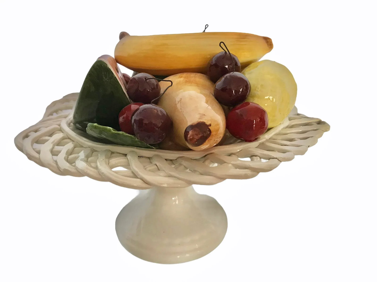 Italian Handpainted 1950's Bassano Capodimonte Fruit Centerpiece Ceramic Lattice Handpainted - 2