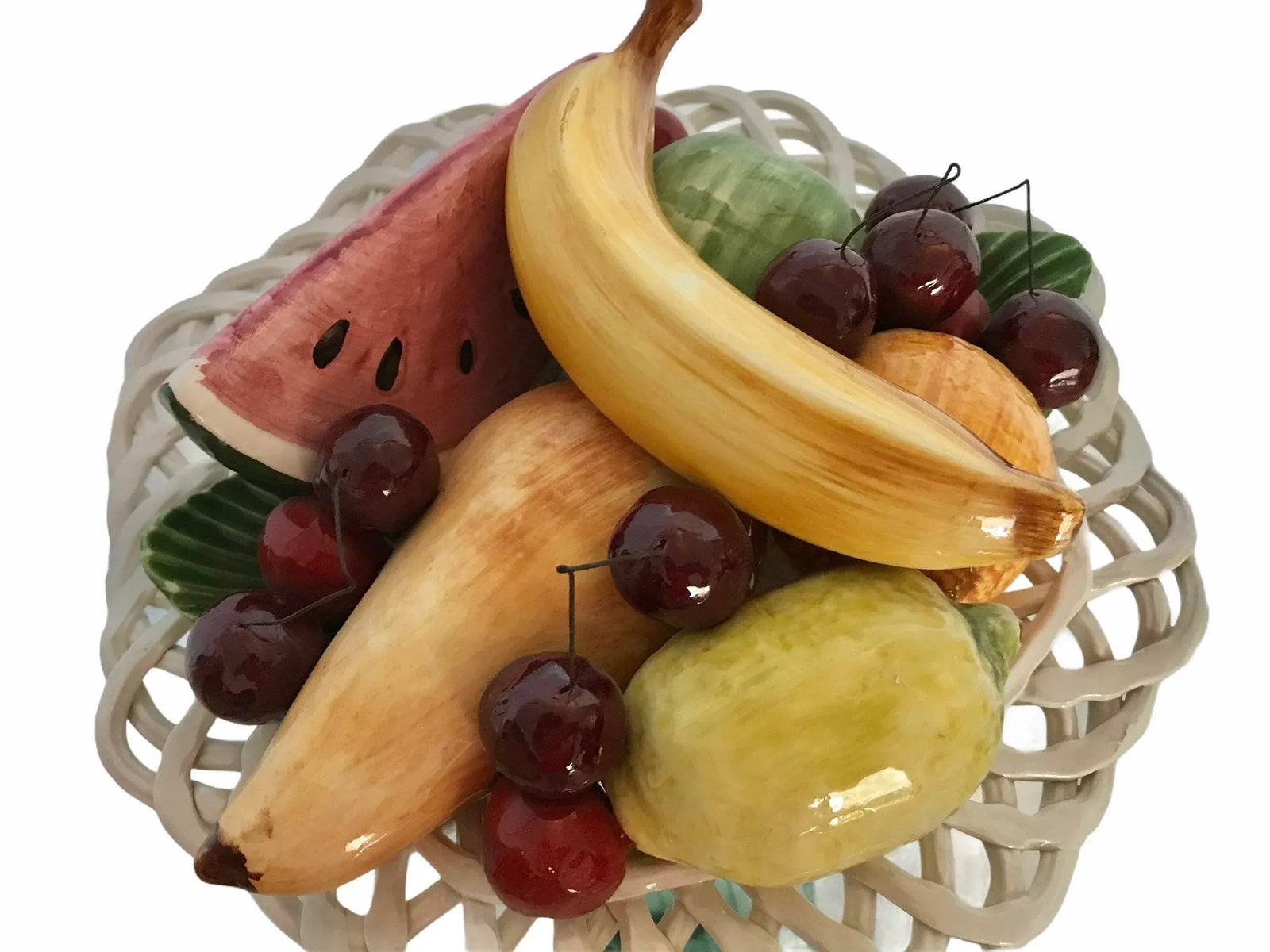 Italian Handpainted 1950's Bassano Capodimonte Fruit Centerpiece Ceramic Lattice Handpainted - 7