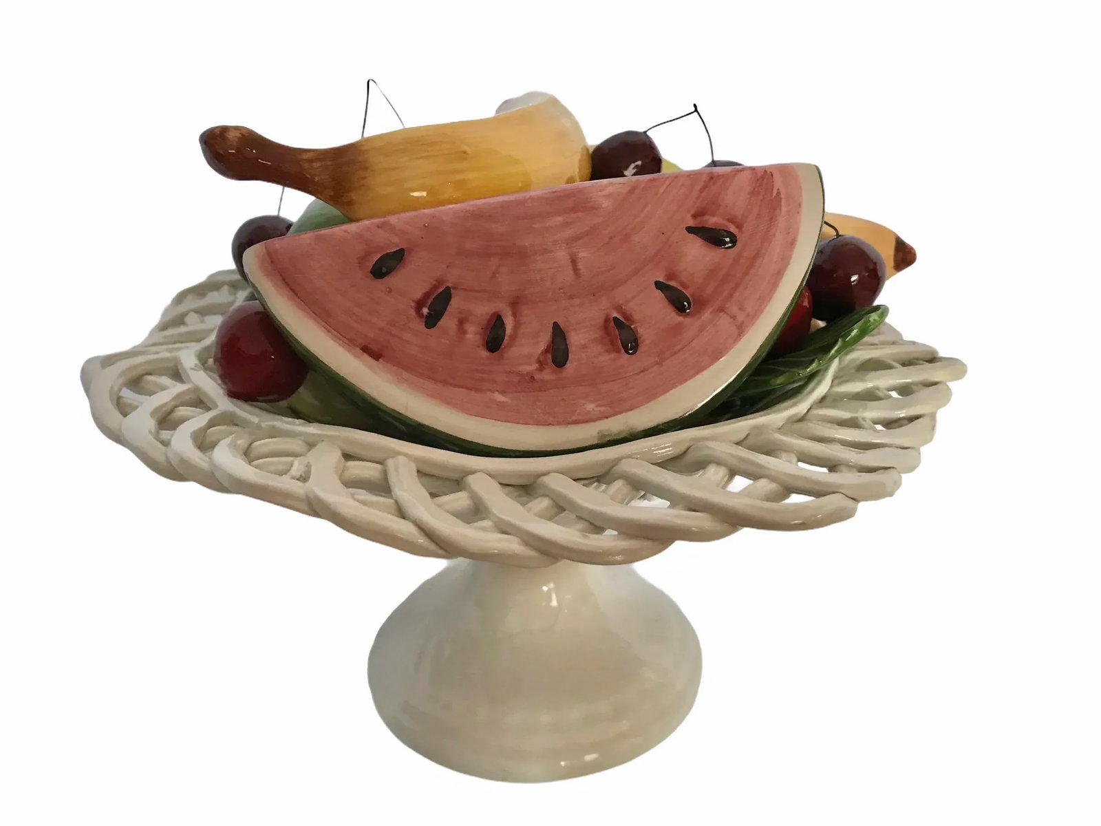Italian Handpainted 1950's Bassano Capodimonte Fruit Centerpiece Ceramic Lattice Handpainted - 8